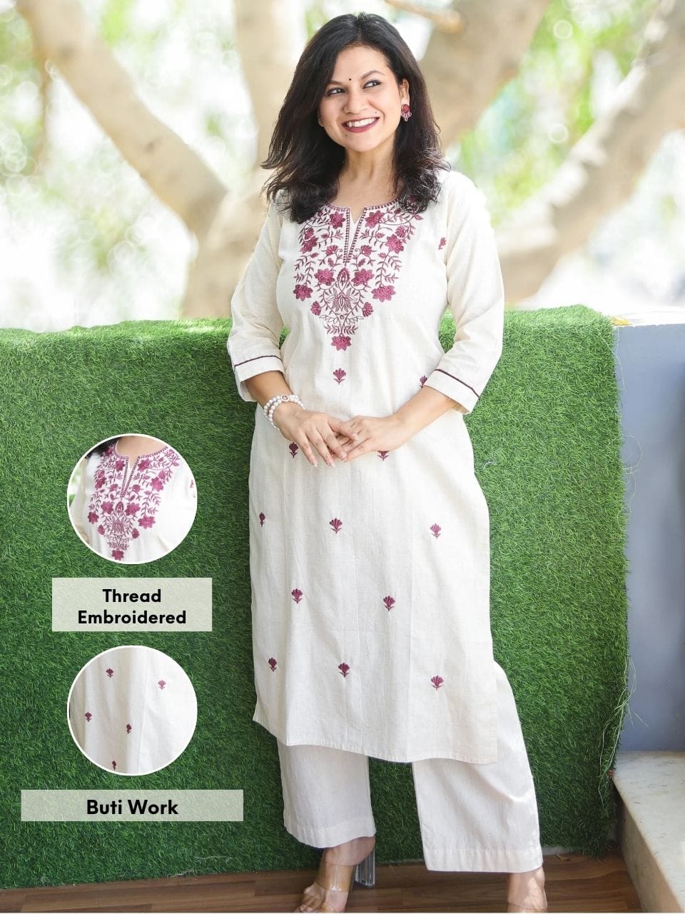 Cream White with Rose Thread Embroidery Neck Work Cotton Kurti