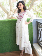 Cream White with Rose Thread Embroidery Neck Work Cotton Kurti
