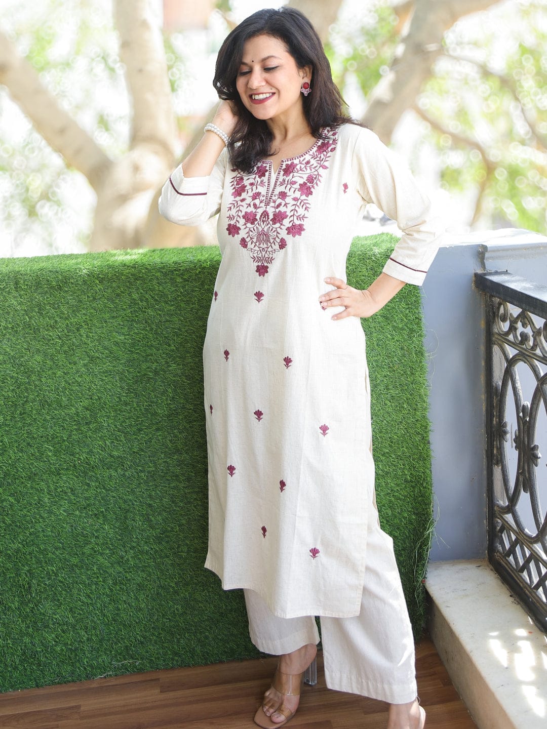 Cream White with Rose Thread Embroidery Neck Work Cotton Kurti