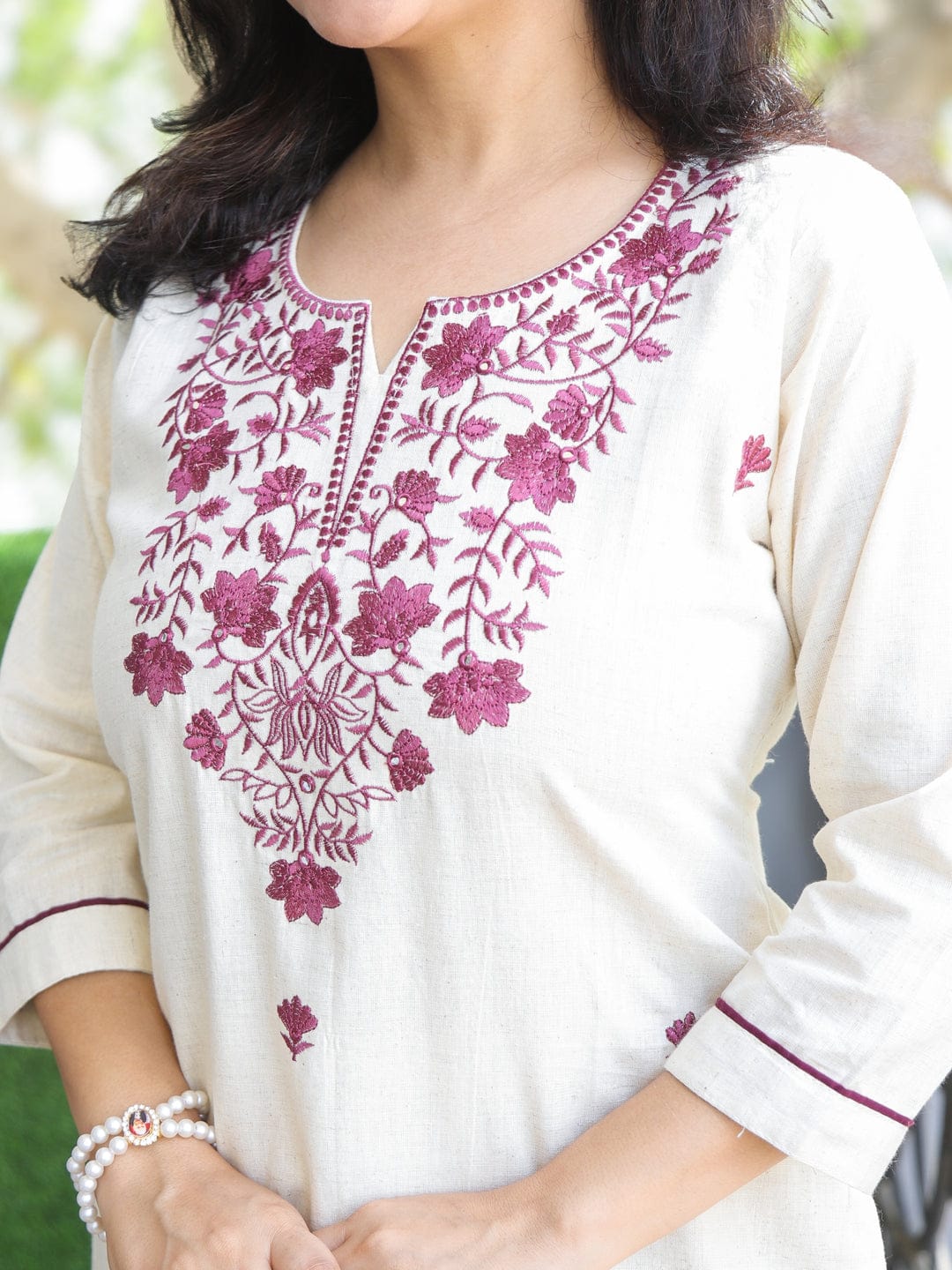 Cream White with Rose Thread Embroidery Neck Work Cotton Kurti