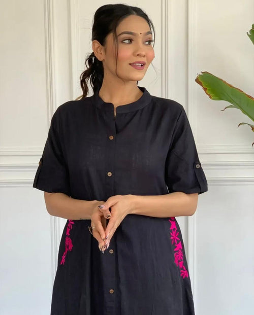 Black Embroidered Cotton Kurta and Palazzo Set