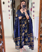 Blue Floral Angrakha Kurta Set