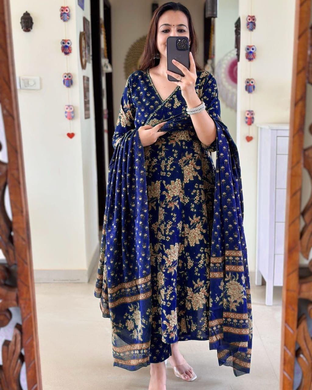 Blue Floral Angrakha Kurta Set