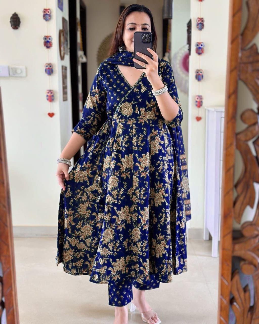 Blue Floral Angrakha Kurta Set