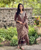 Brown Embroidered Cotton Kurta and Pant Set with Dupatta