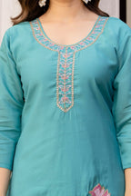 Serene Teal Blue Embroidered Kurta Set with Printed Dupatta