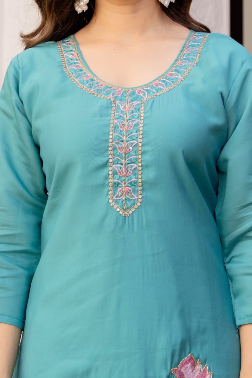 Serene Teal Blue Embroidered Kurta Set with Printed Dupatta