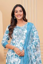 Blue  Embroidered Kurta Set with Dupatta
