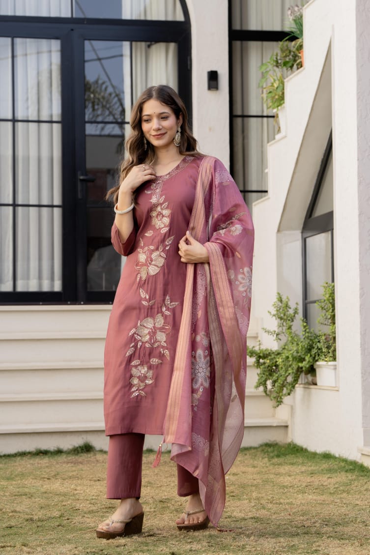 Blush Rose Embroidered Kurta Set with Dupatta