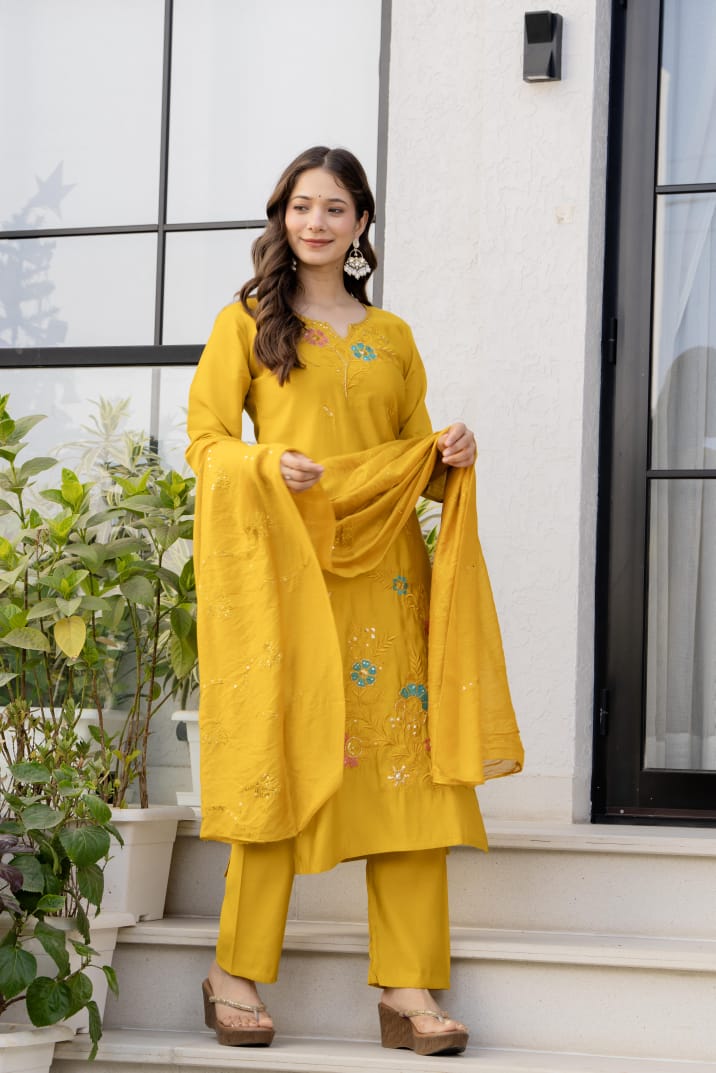 Sunlit Mustard Embroidered Kurta Set with Sequined Dupatta