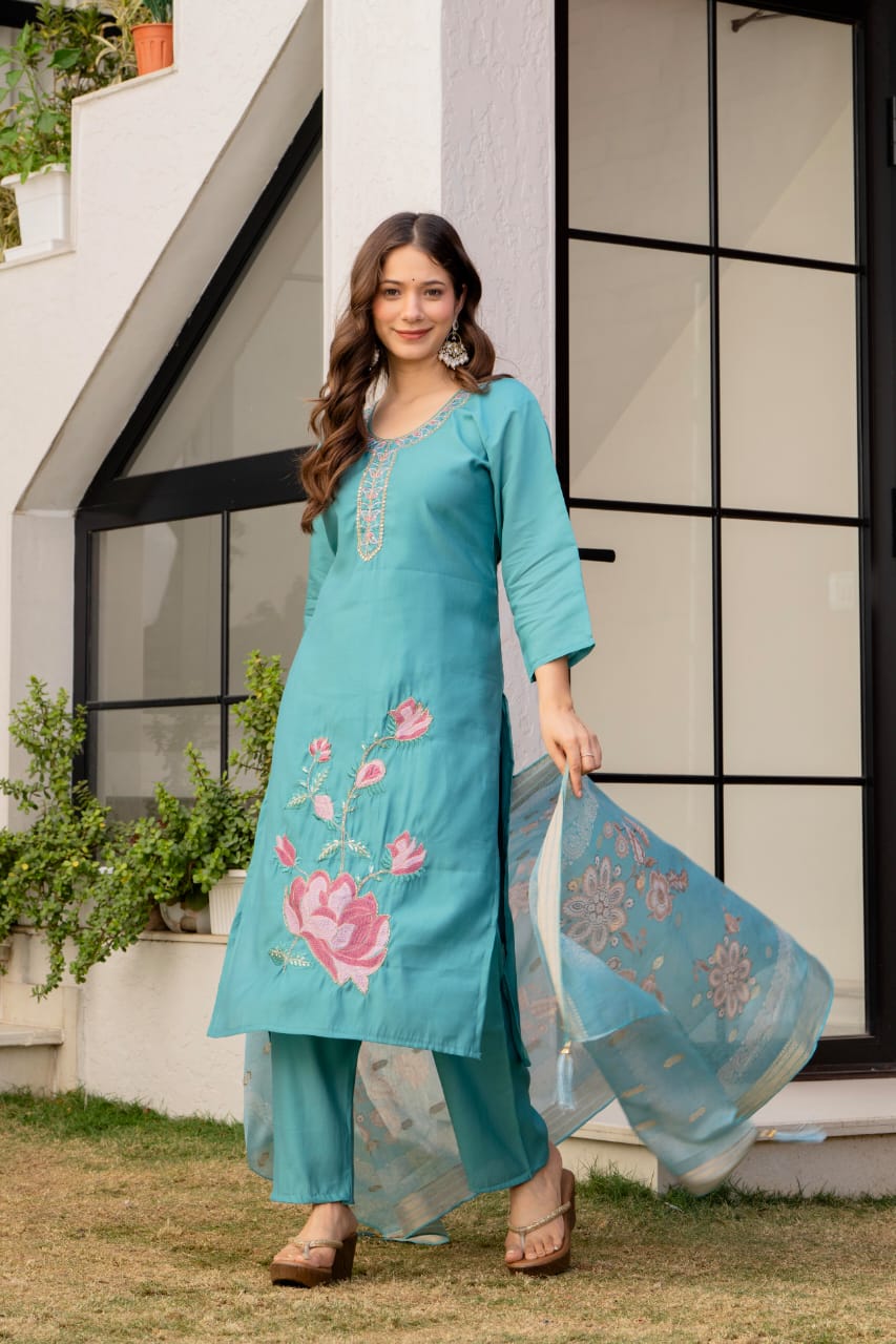 Serene Teal Blue Embroidered Kurta Set with Printed Dupatta
