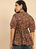 Women Ethnic Printed Mandarin Collar Cotton Top Red Blue