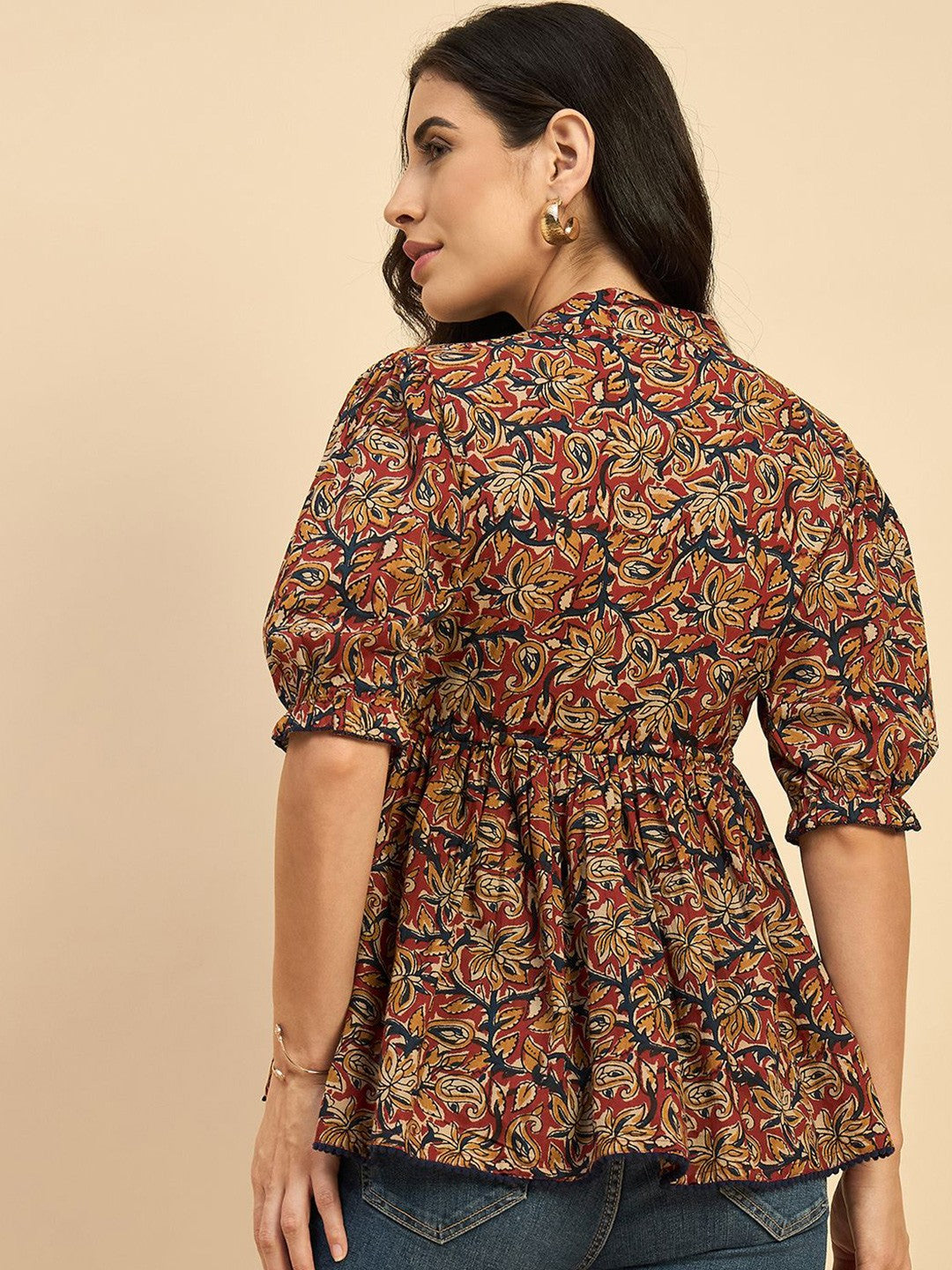 Women Ethnic Printed Mandarin Collar Cotton Top Red Blue