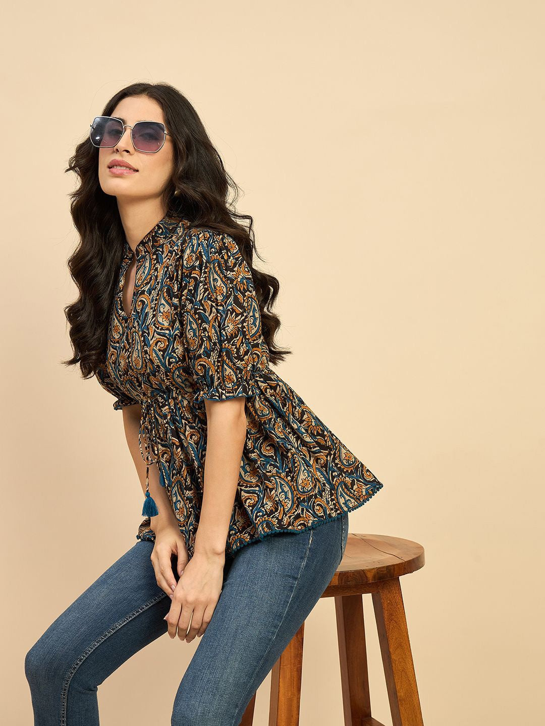 Women Ethnic Printed Mandarin Collar Cotton Top