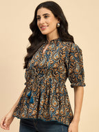 Women Ethnic Printed Mandarin Collar Cotton Top