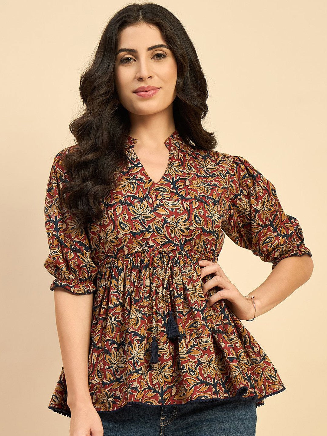 Women Ethnic Printed Mandarin Collar Cotton Top Red Blue