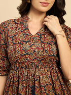 Women Ethnic Printed Mandarin Collar Cotton Top Red Blue